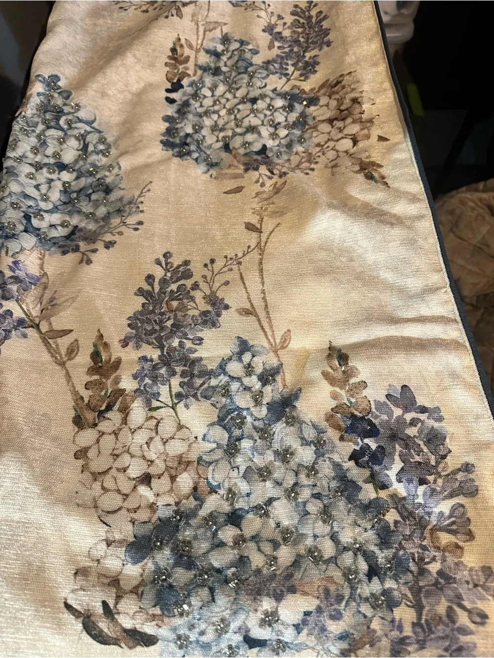 Floral Hydrangea beaded table runner in Cream, tan and Blue
